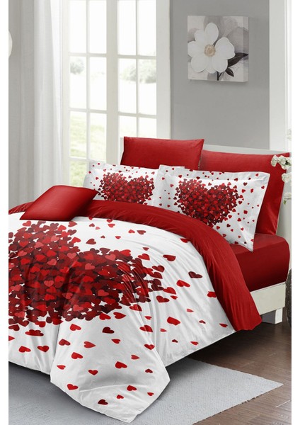 Lastikli Çarşaflı Pamuk Saten Çift Kişilik Red Love Nevresim Takımı
