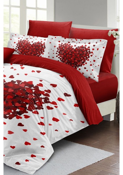 Lastikli Çarşaflı Pamuk Saten Çift Kişilik Red Love Nevresim Takımı fiyatları