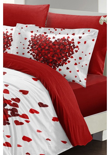 Lastikli Çarşaflı Pamuk Saten Çift Kişilik Red Love Nevresim Takımı modelleri