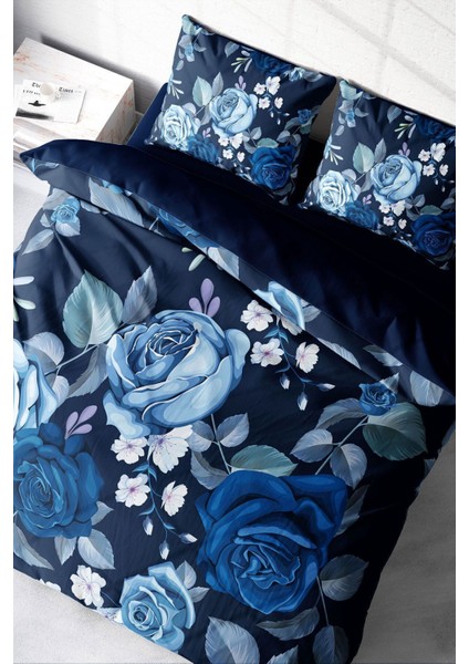 Lastikli Çarşaflı Pamuk Saten Çift Kişilik Blue Flower Nevresim Takımı