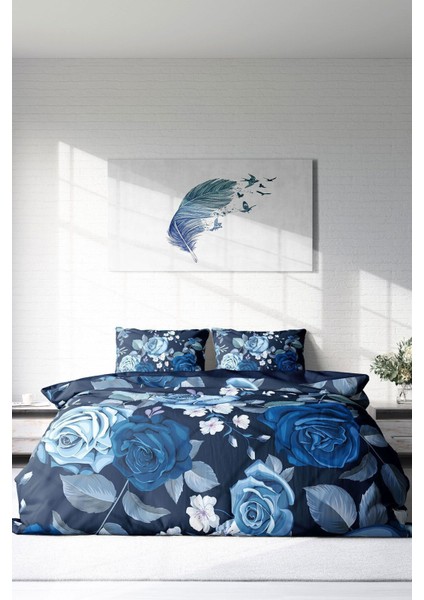 Lastikli Çarşaflı Pamuk Saten Çift Kişilik Blue Flower Nevresim Takımı modelleri