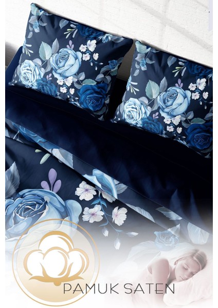 Lastikli Çarşaflı Pamuk Saten Çift Kişilik Blue Flower Nevresim Takımı fırsatları