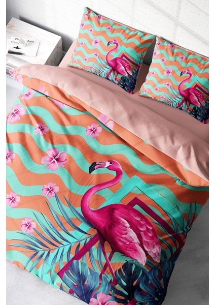 Doğal Pamuk Çift Kişilik 3D Digital Turkuaz Flamingo Nevresim Takımı