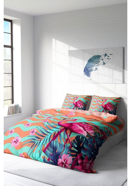Doğal Pamuk Çift Kişilik 3D Digital Turkuaz Flamingo Nevresim Takımı fiyatları