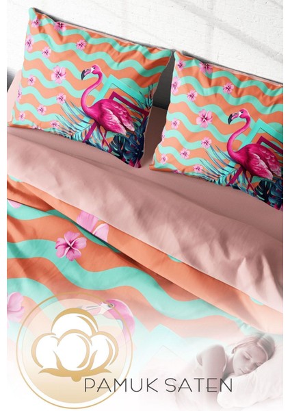 Doğal Pamuk Çift Kişilik 3D Digital Turkuaz Flamingo Nevresim Takımı fırsatları