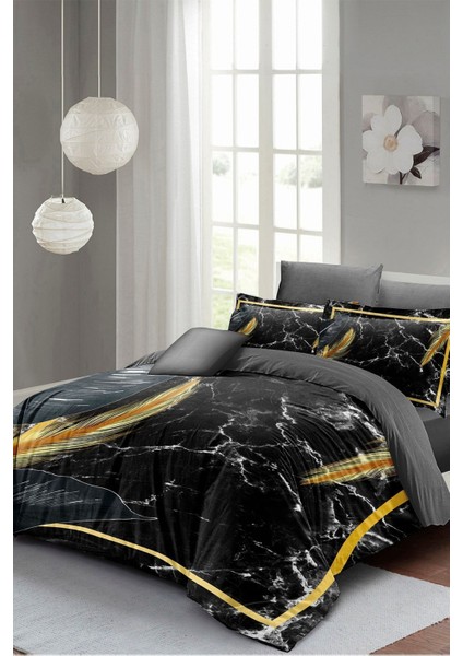 Çift Kişilik Sık Dokuma Pamuk Saten 3D Özel Tasarım Dark Marble Nevresim Takımı