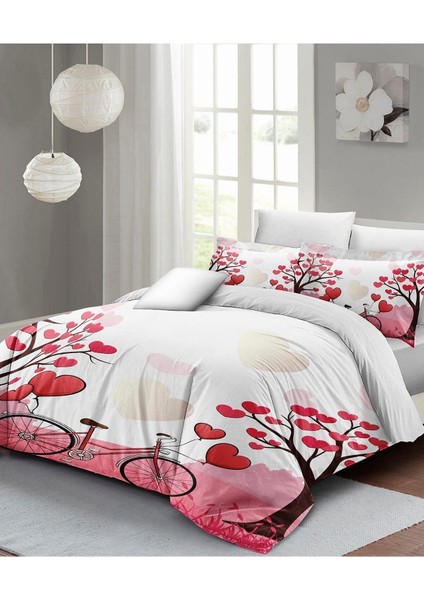 Çift Kişilik Lastikli Çarşaflı Sevgililer Günü % 100 Pamuk Saten White Love Nevresim Takımı