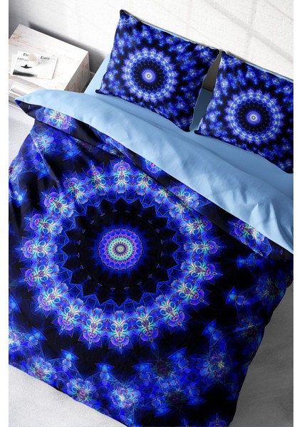 Lastikli Çarşaflı Pamuk Saten Çift Kişilik Blue Damask Nevresim Takımı