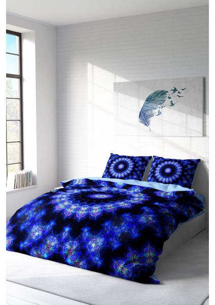 Lastikli Çarşaflı Pamuk Saten Çift Kişilik Blue Damask Nevresim Takımı fiyatları