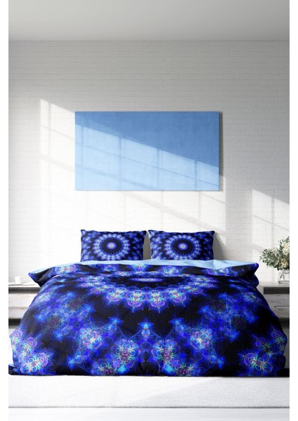 Lastikli Çarşaflı Pamuk Saten Çift Kişilik Blue Damask Nevresim Takımı modelleri
