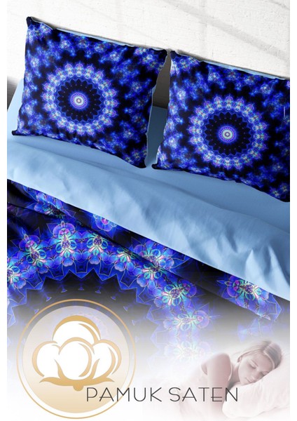 Lastikli Çarşaflı Pamuk Saten Çift Kişilik Blue Damask Nevresim Takımı fırsatları