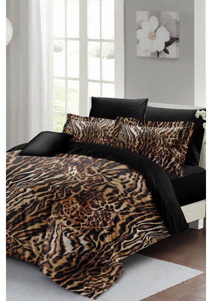 Lastikli Çarşaflı Pamuk Saten Çift Kişilik Brown Zebra Nevresim Takımı