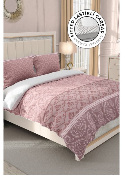 Lastikli Çarşaflı Pamuk Saten Çift Kişilik Pink Simurg Nevresim Takımı
