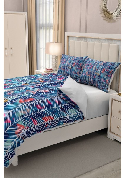 Lastikli Çarşaflı Pamuk Saten Çift Kişilik Blue Pattern Nevresim Takımı fırsatları