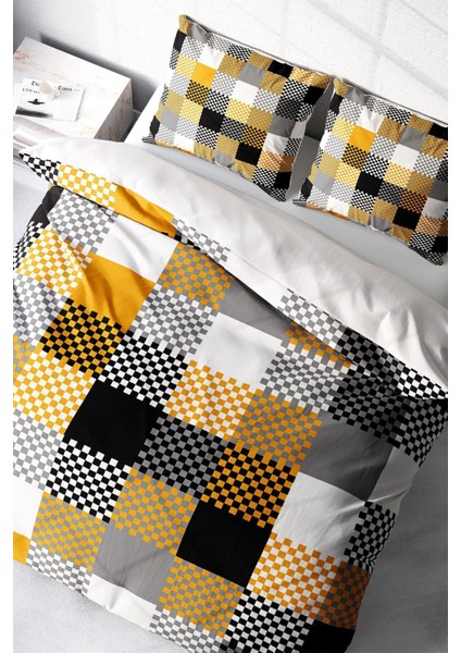 Lastikli Çarşaflı Pamuk Saten Çift Kişilik Checkers Gray Nevresim Takımı