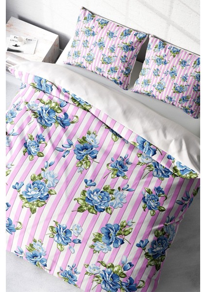 Lastikli Çarşaflı Pamuk Saten Çift Kişilik Blue Scattered Rose Nevresim Takımı