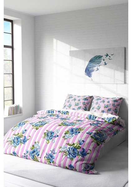 Lastikli Çarşaflı Pamuk Saten Çift Kişilik Blue Scattered Rose Nevresim Takımı fiyatları