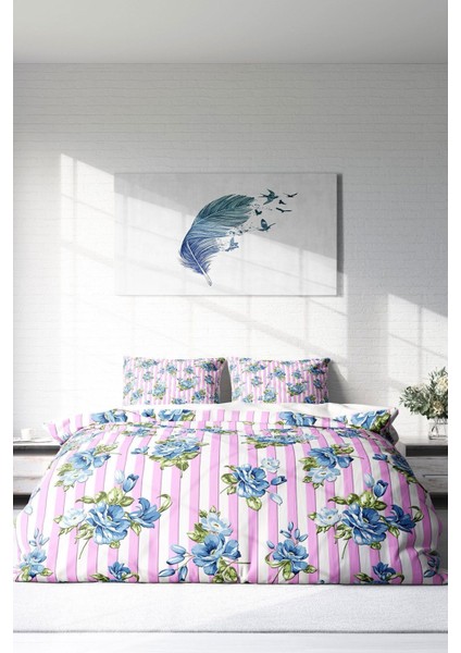 Lastikli Çarşaflı Pamuk Saten Çift Kişilik Blue Scattered Rose Nevresim Takımı modelleri