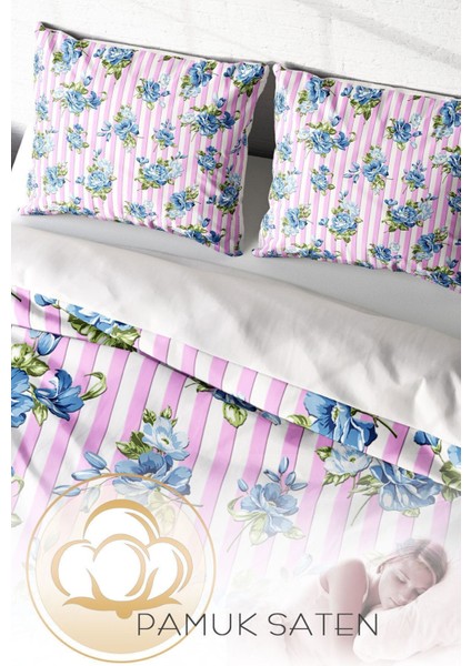 Lastikli Çarşaflı Pamuk Saten Çift Kişilik Blue Scattered Rose Nevresim Takımı fırsatları