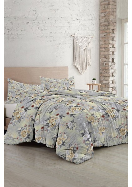 Lastikli Çarşaflı Pamuk Saten Çift Kişilik Grey Yellow Roses Luxury Nevresim Takımı