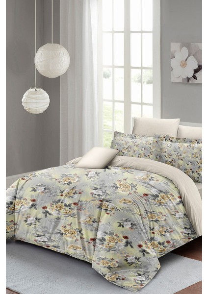 Lastikli Çarşaflı Pamuk Saten Çift Kişilik Grey Yellow Roses Luxury Nevresim Takımı fiyatları