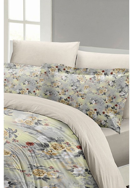 Lastikli Çarşaflı Pamuk Saten Çift Kişilik Grey Yellow Roses Luxury Nevresim Takımı fırsatları