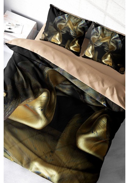 Çift Kişilik Sık Dokuma Pamuk Saten 3D Özel Tasarım Gold Cover Nevresim Takımı