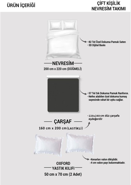 Çift Kişilik Lastikli Çarşaflı Pamuk Saten Gray Wortex Nevresim Takımı