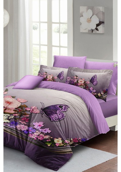 Çift Kişilik Lastikli Çarşaflı Pamuk Saten Butterfly Nevresim Takımı