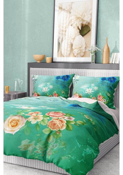 Pamuk Saten Lastikli Çarşaf Deluxe Çift Kişilik 3D Flowers Nevresim Takımı