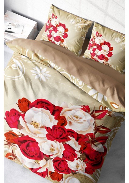 Çift Kişilik Lastikli Çarşaflı Pamuk Saten Rose CREAM-1007 Nevresim Takımı modelleri