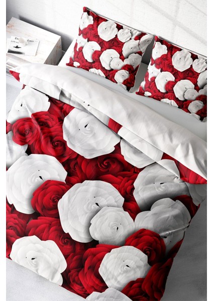 Lastikli Çarşaflı Pamuk Saten Çift Kişilik White & Red Nevresim Takımı