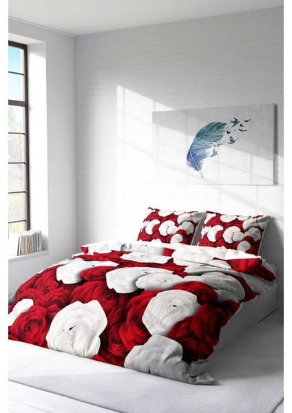 Lastikli Çarşaflı Pamuk Saten Çift Kişilik White & Red Nevresim Takımı