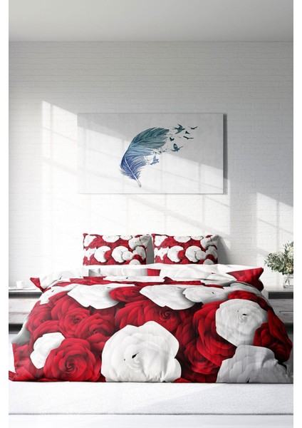 Lastikli Çarşaflı Pamuk Saten Çift Kişilik White & Red Nevresim Takımı