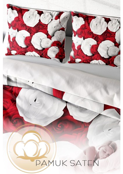 Lastikli Çarşaflı Pamuk Saten Çift Kişilik White & Red Nevresim Takımı
