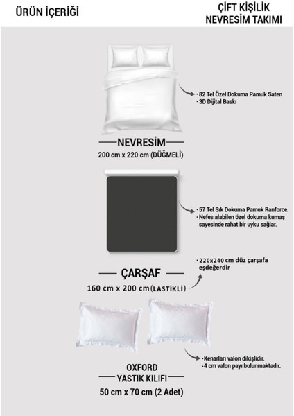 Lastikli Çarşaflı Pamuk Saten Çift Kişilik White & Red Nevresim Takımı