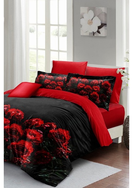 Çift Kişilik Lastikli Çarşaflı Sevgililer Günü % 100 Pamuk Saten Black Rose Nevresim Takımı