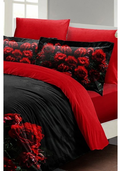 Çift Kişilik Lastikli Çarşaflı Sevgililer Günü % 100 Pamuk Saten Black Rose Nevresim Takımı fırsatları