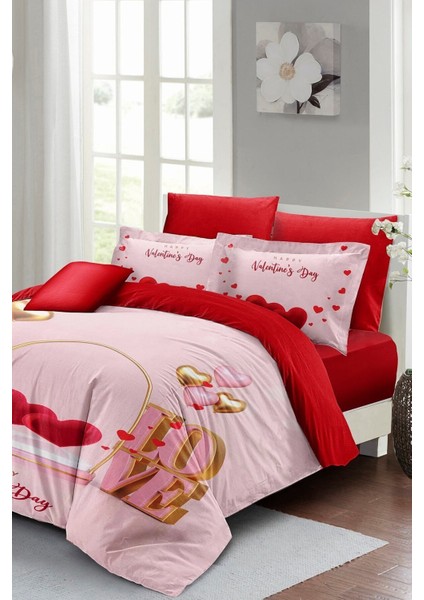 Çift Kişilik Lastikli Çarşaflı Sevgililer Günü % 100 Pamuk Saten Valentine's Nevresim Takımı