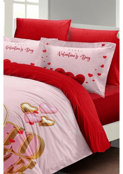 Çift Kişilik Lastikli Çarşaflı Sevgililer Günü % 100 Pamuk Saten Valentine's Nevresim Takımı fırsatları