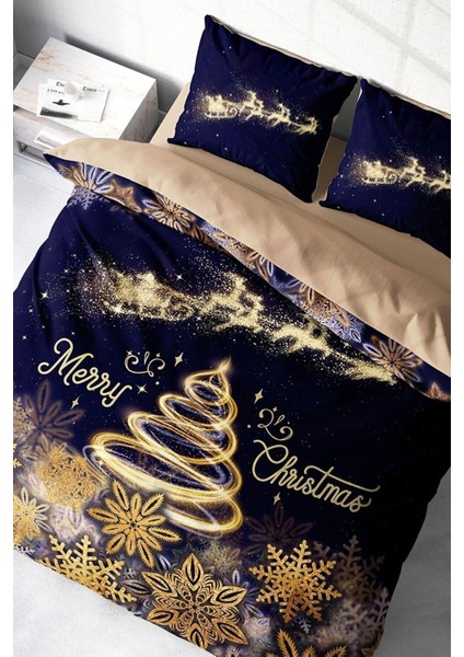 Yılbaşı Çift Kişilik Nevresim Lastikli Çarşaflı Pamuk Saten Coffee Noel Nevresim Takımı