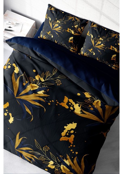 Çift Kişilik Lastikli Çarşaflı Pamuk Saten Gold Leaf Nevresim Takımı modelleri