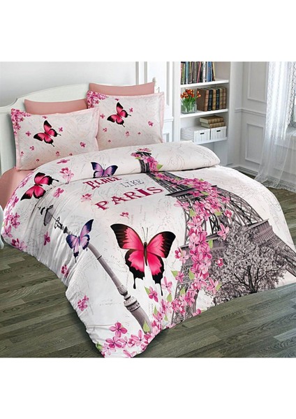 Lastikli Çarşaflı Pamuk Saten Çift Kişilik Butterfly Paris Nevresim Takımı