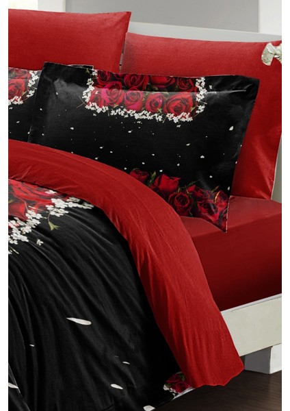 Çift Kişilik Lastikli Çarşaflı Pamuk Saten Black Rose Nevresim Takımı
