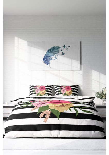 Çift Kişilik Lastikli Çarşaflı Pamuk Saten Flower Line Nevresim Takımı
