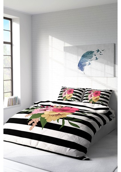 Çift Kişilik Lastikli Çarşaflı Pamuk Saten Flower Line Nevresim Takımı