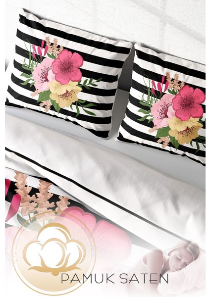 Çift Kişilik Lastikli Çarşaflı Pamuk Saten Flower Line Nevresim Takımı