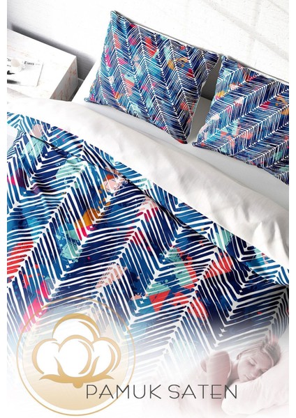 Çift Kişilik Lastikli Çarşaflı Pamuk Saten Blue Pattern Nevresim Takımı fırsatları