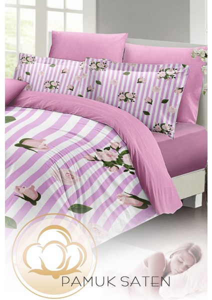 Çift Kişilik Lastikli Çarşaflı Pamuk Saten Naturel Roses Nevresim Takımı fırsatları