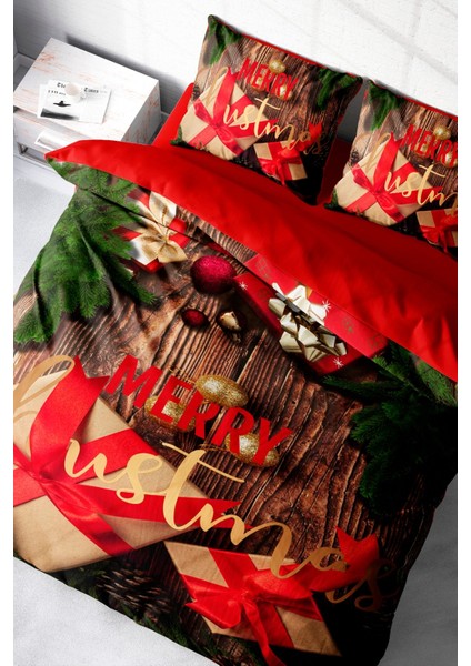 Yılbaşı Merry Christmas Çift Kişilik 3D Pamuk Saten Gift Nevresim Takımı